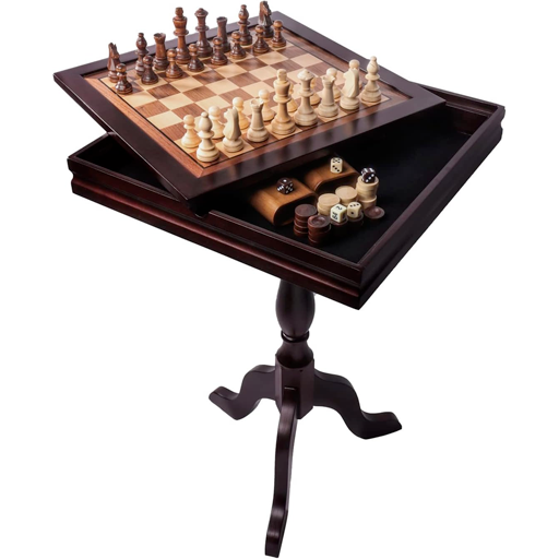 GSE Wooden 3-in-1 Chess Checkers Backgammon Table