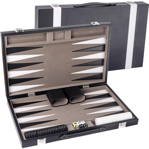 GSE Large Premium Leather Backgammon Set, Black/Grey