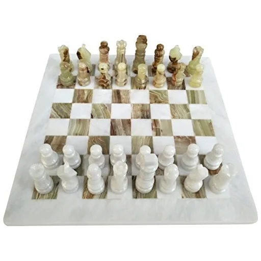 Handmade Staunton White and Green Onyx Marble Chess Set, 12"