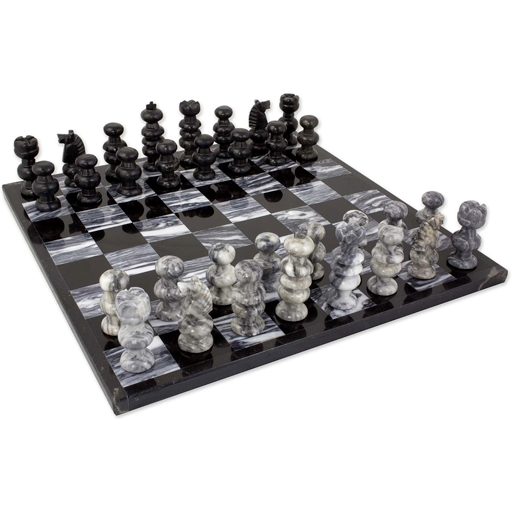 NOVICA Handcrafted Grey and Black Marble Chess Set, 13.75"