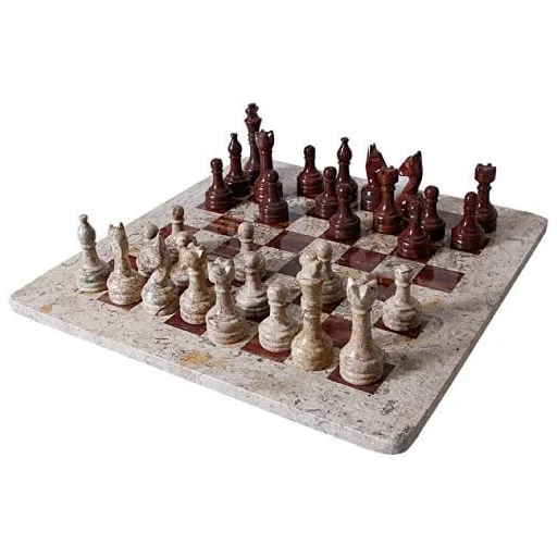 RADICALn Fossil Coral and Dark Brown Handmade Marble Chess Set, 12"